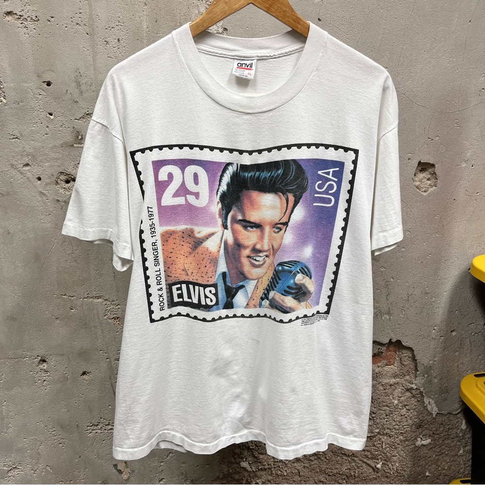 Vintage 1992 Elvis Presley White Stamp Print Short Sleeve Graphic T-Shirt XL